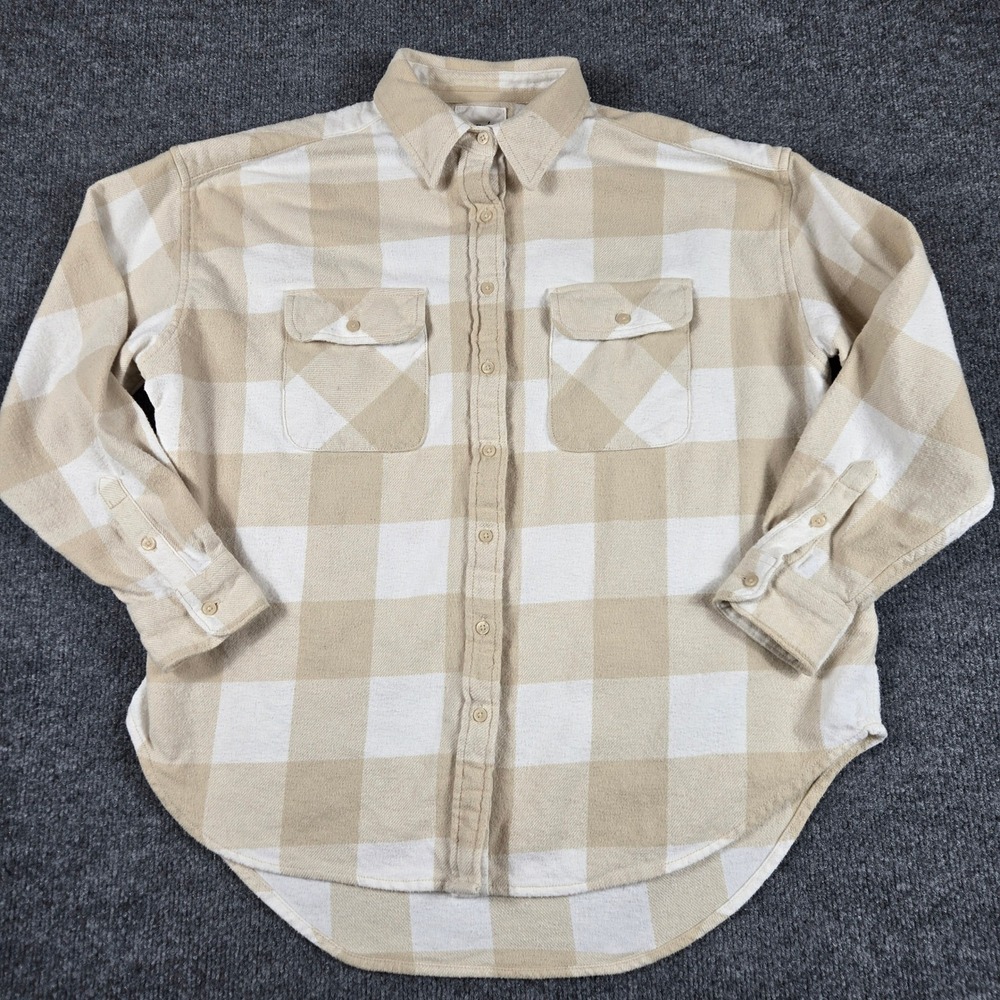 Aerie Flannel Plaid Button Down Shirt Womens XS Tan Cream Buffalo Check Top